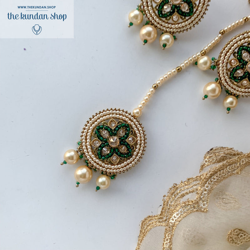 Cross My Heart - Green, Earrings + Tikka - THE KUNDAN SHOP