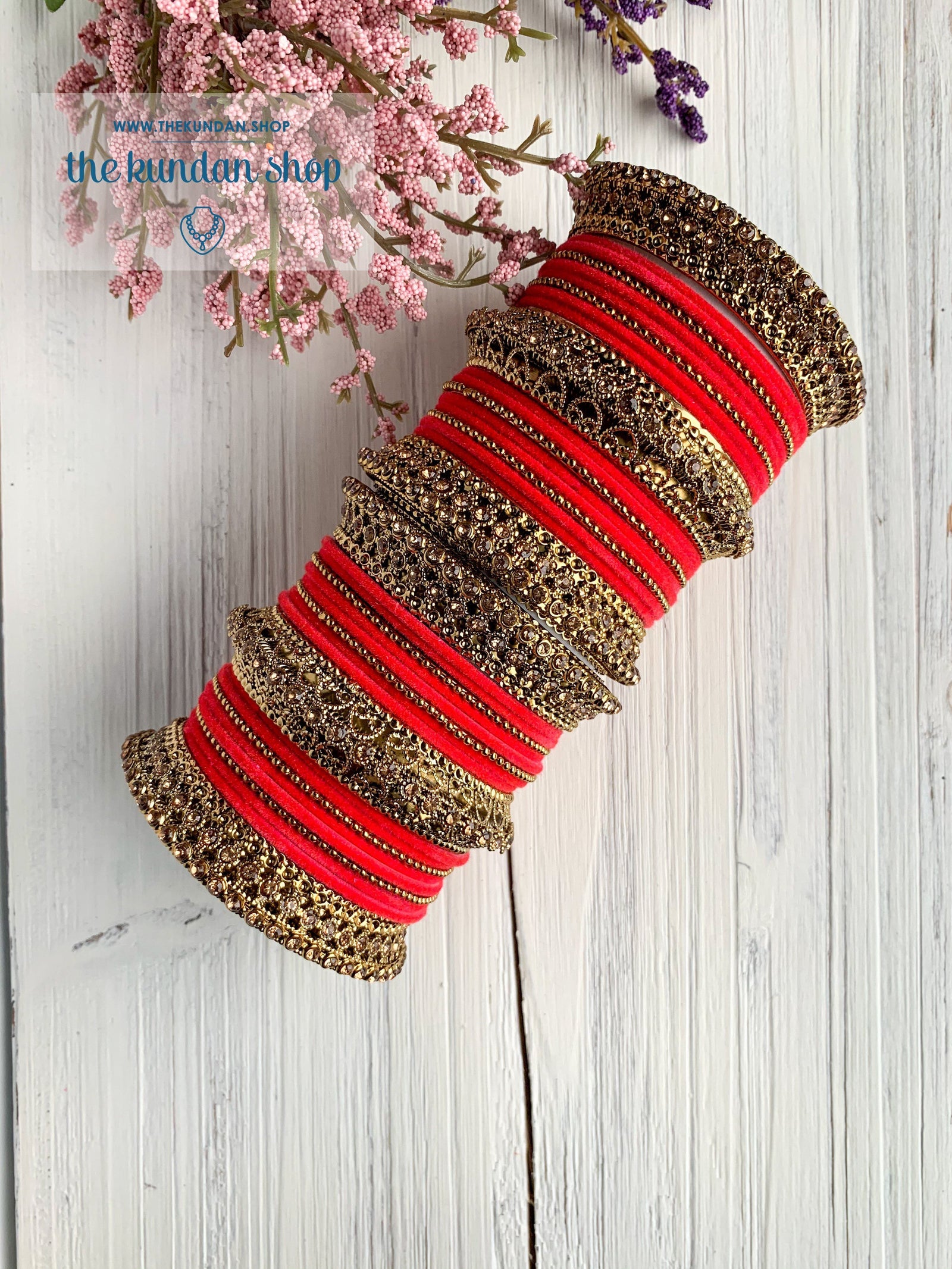 Dark Coral Velvet & Bronze Bangle Set Bangles THE KUNDAN SHOP 