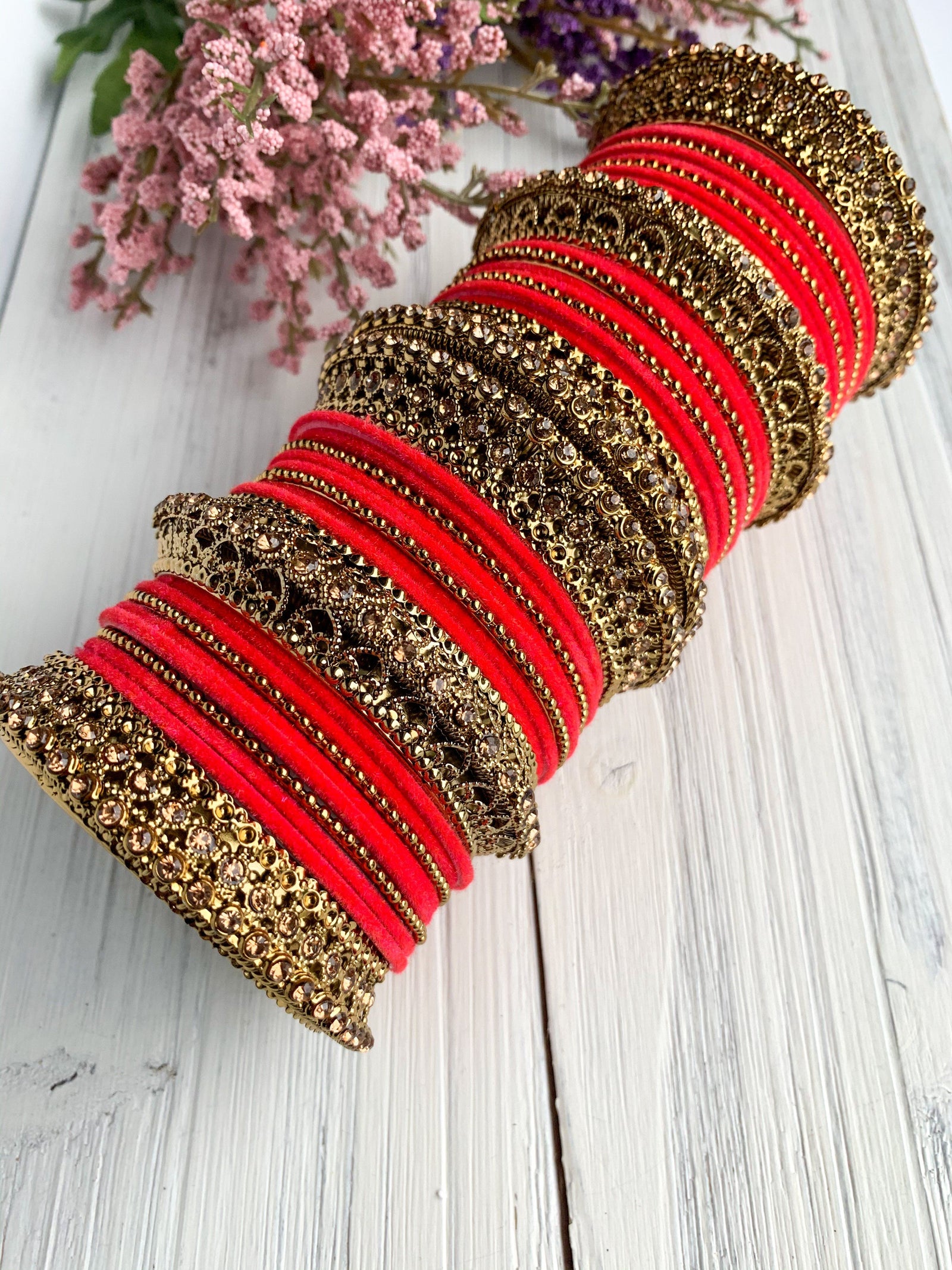 Dark Coral Velvet & Bronze Bangle Set Bangles THE KUNDAN SHOP 