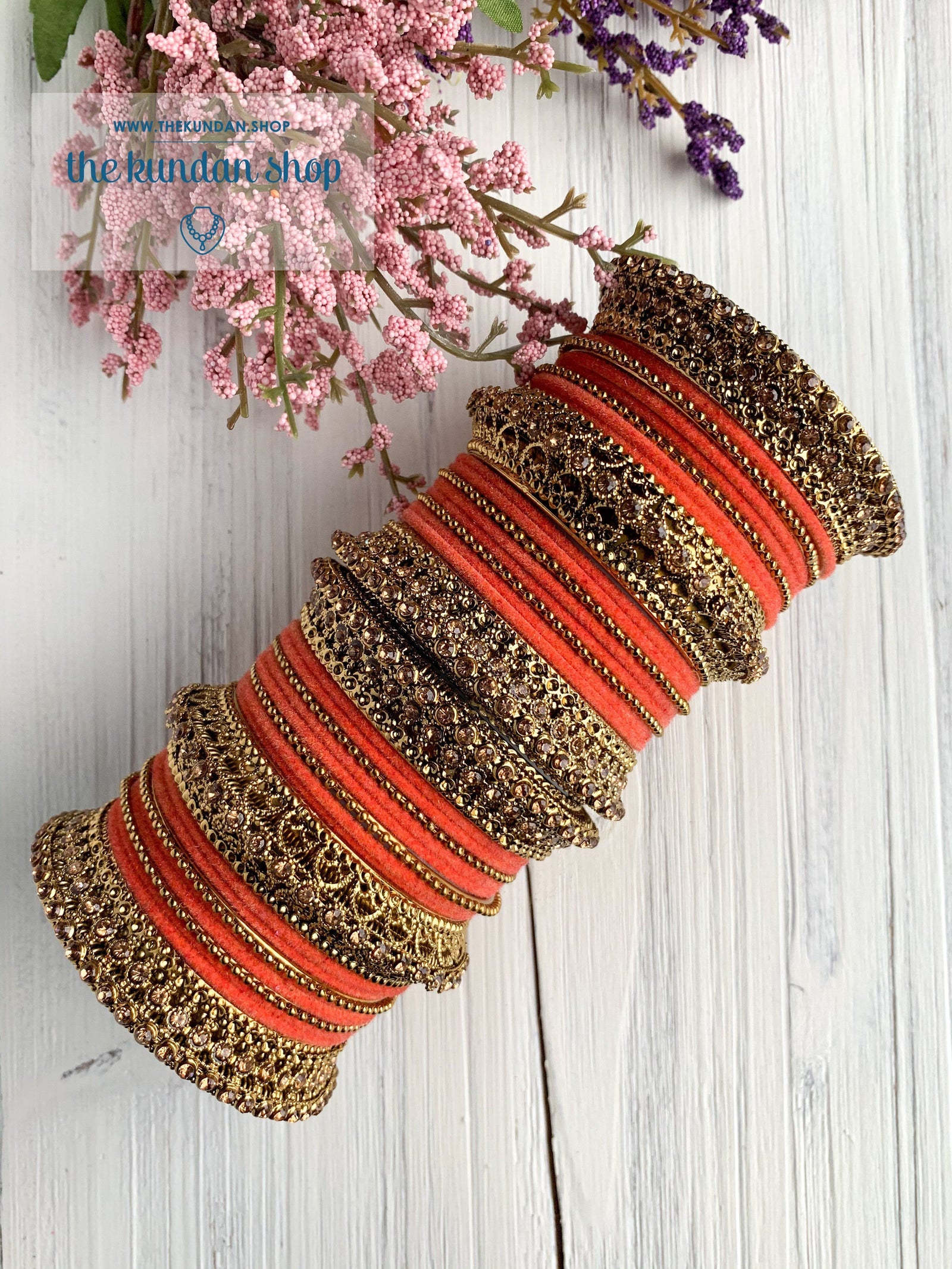 Dark Peach Velvet & Bronze Bangle Set Bangles THE KUNDAN SHOP 
