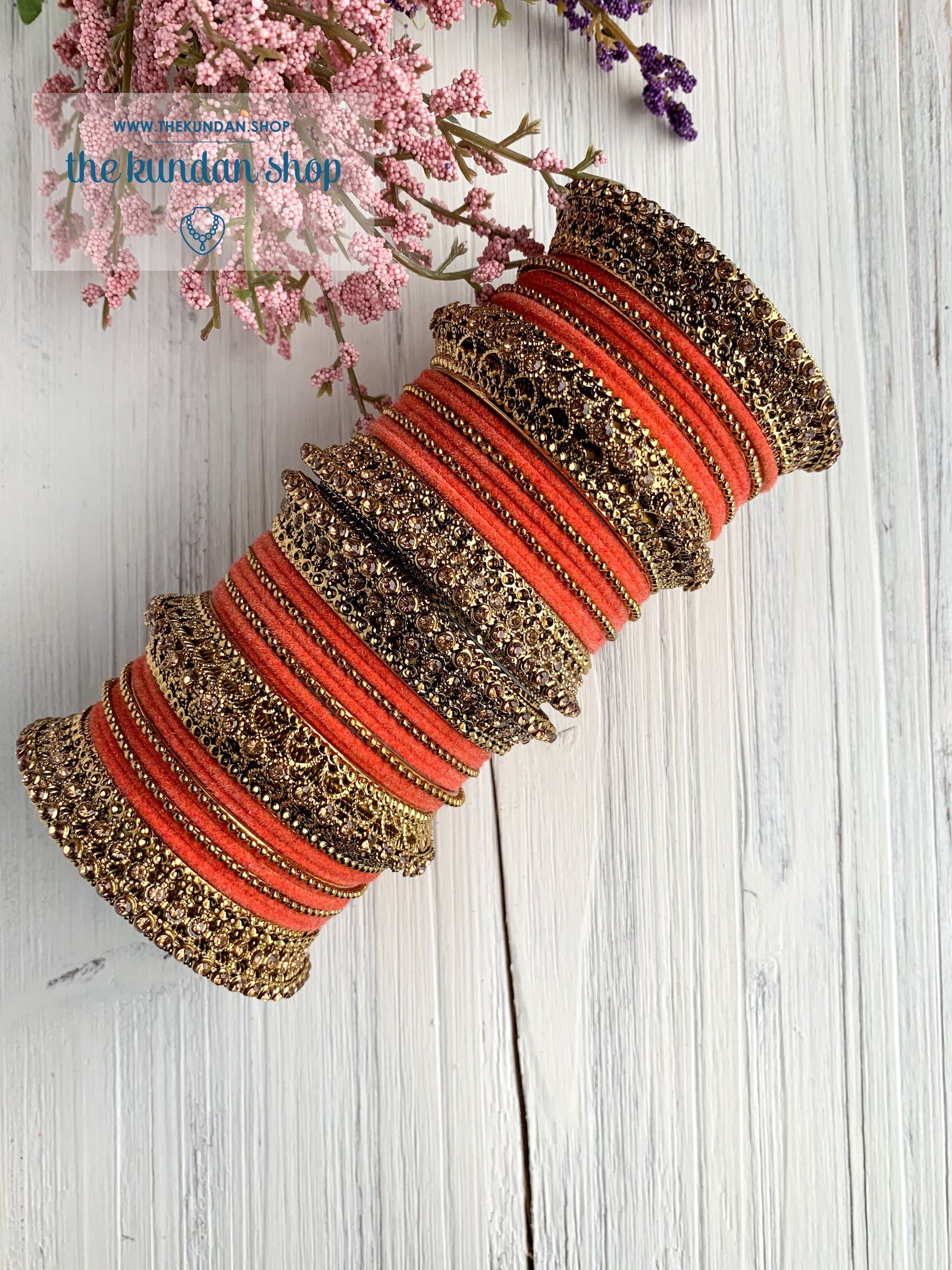 Dark Peach Velvet & Bronze Bangle Set Bangles THE KUNDAN SHOP 