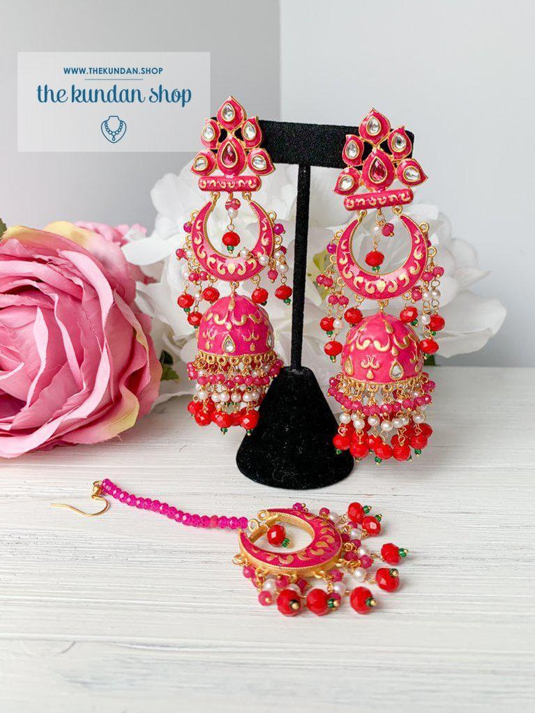 Persuasive in Dark Pink Earrings + Tikka THE KUNDAN SHOP 