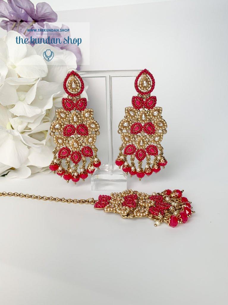 Plentiful in Dark Pink Earrings + Tikka THE KUNDAN SHOP 