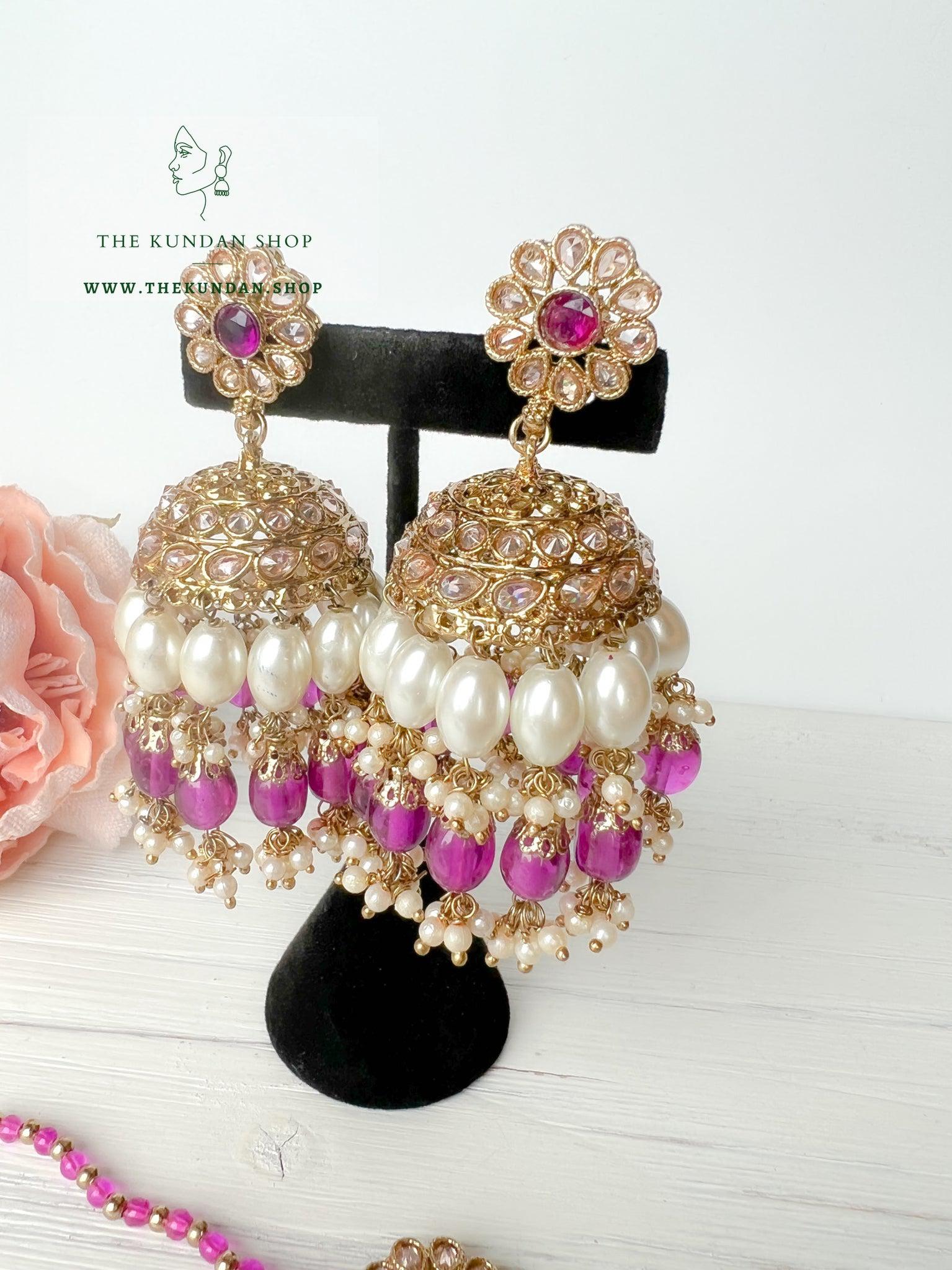 Finery Jhumkis in Dark Purple Earrings + Tikka THE KUNDAN SHOP 