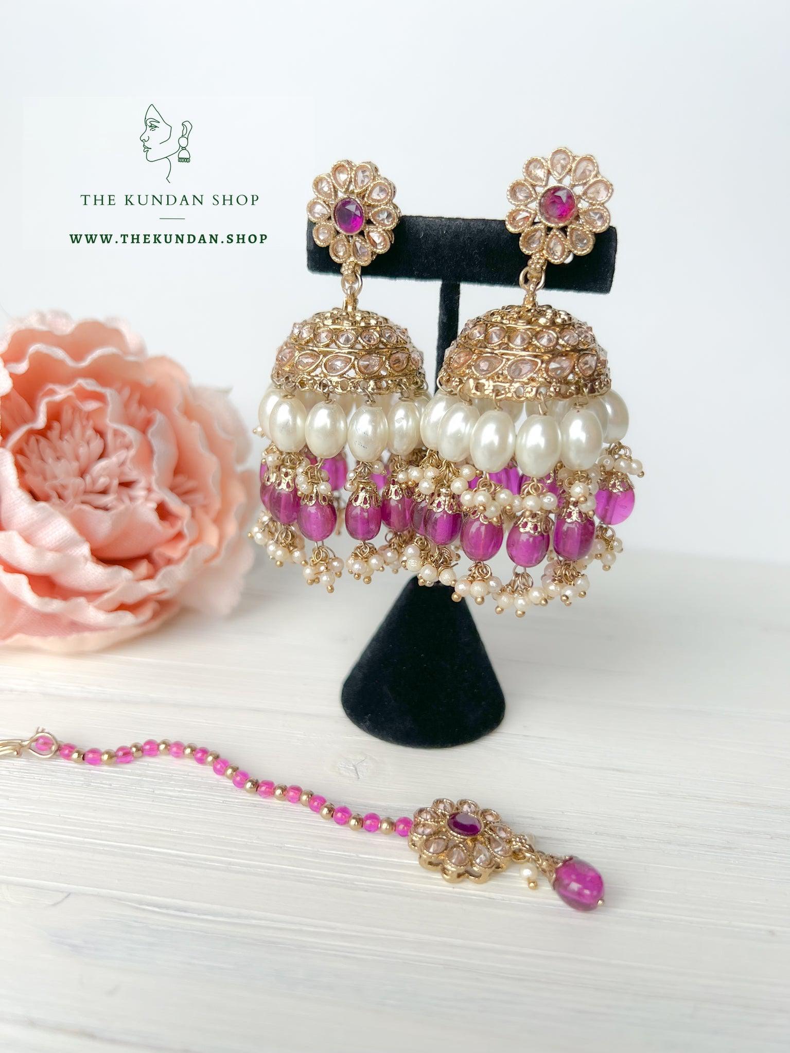 Finery Jhumkis in Dark Purple Earrings + Tikka THE KUNDAN SHOP 