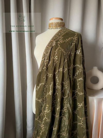 The Embroidered Vines in Dark Sage Dupatta THE KUNDAN SHOP 