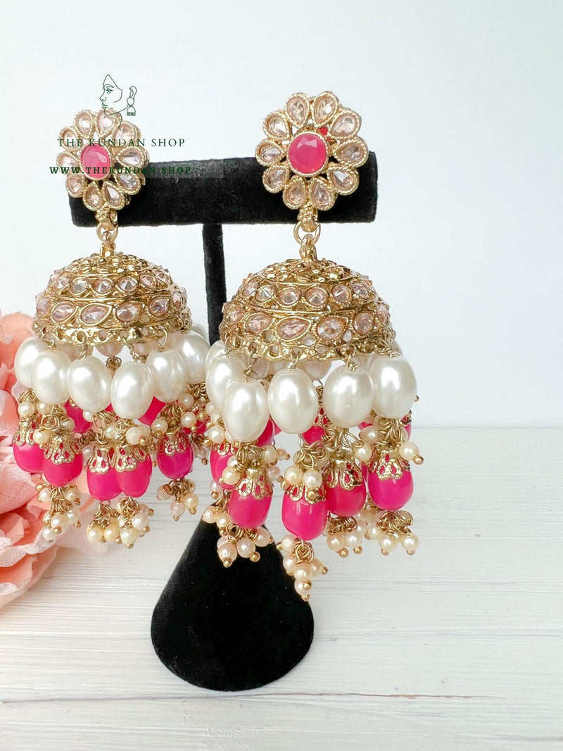 Finery Jhumkis in Dark Pink Earrings + Tikka THE KUNDAN SHOP 