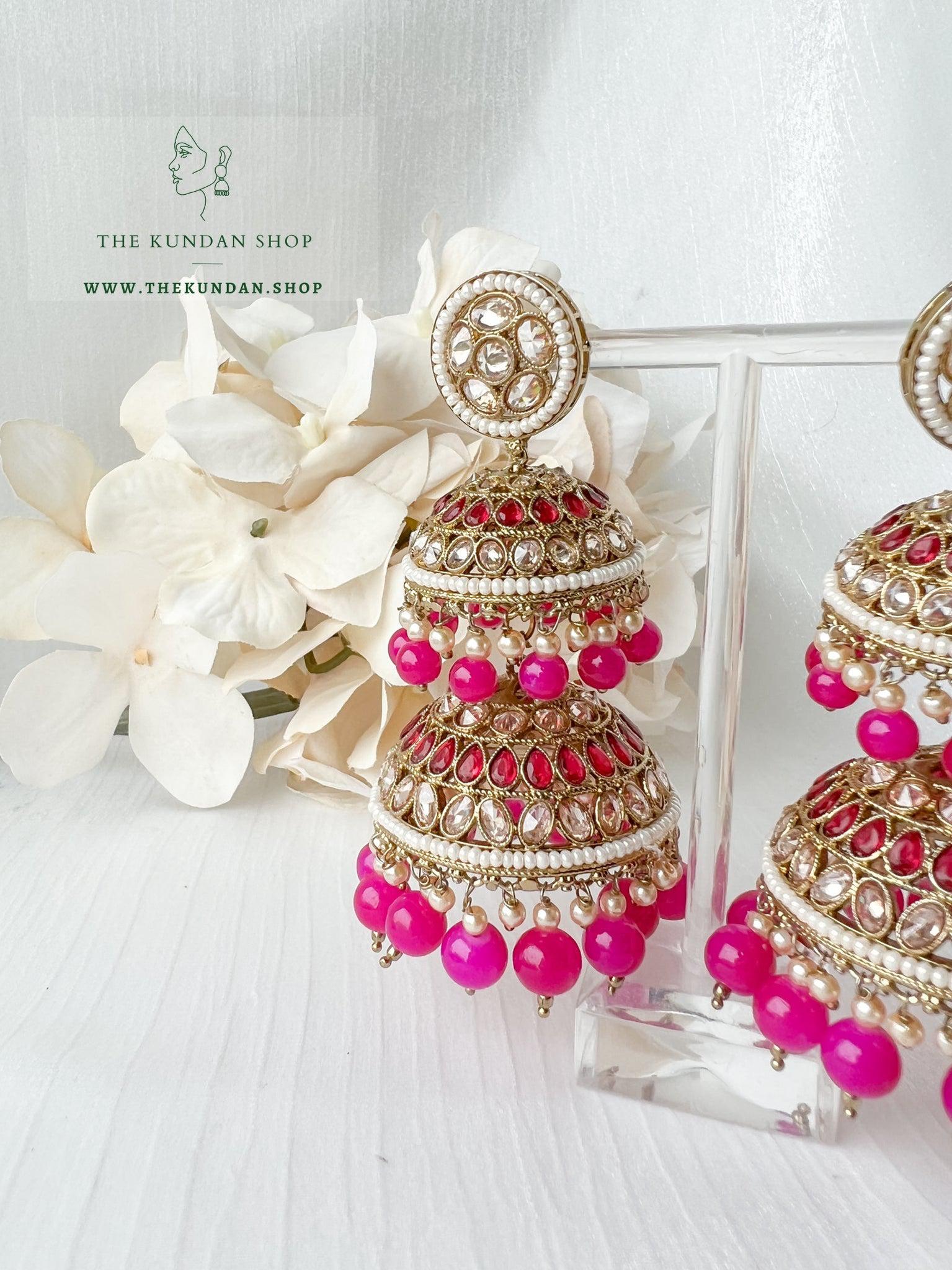 Stacked Jhumkis in Polki Earrings THE KUNDAN SHOP Pink/Magenta 