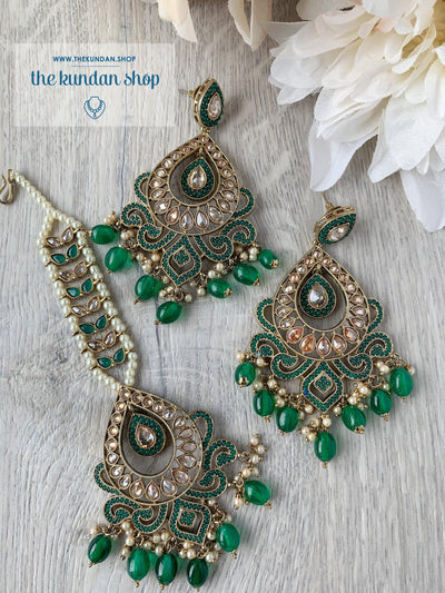 At Ease in Emerald Earrings + Tikka THE KUNDAN SHOP 