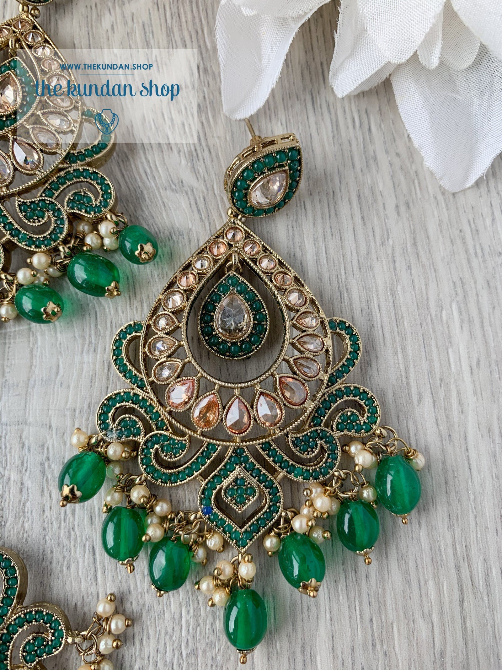 At Ease in Emerald Earrings + Tikka THE KUNDAN SHOP 