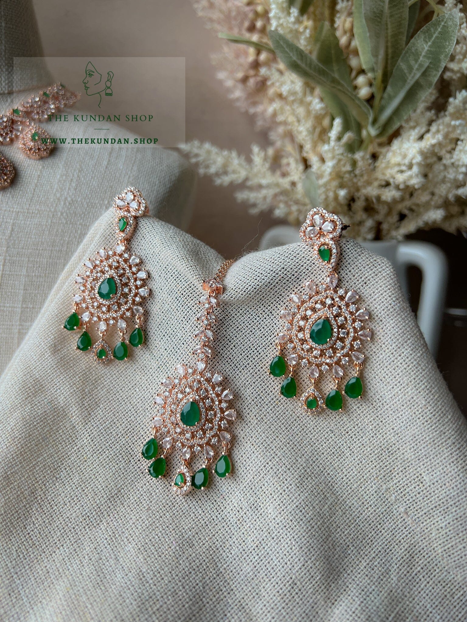 Resilient in Rose Gold & Emerald Green Necklace Sets THE KUNDAN SHOP 