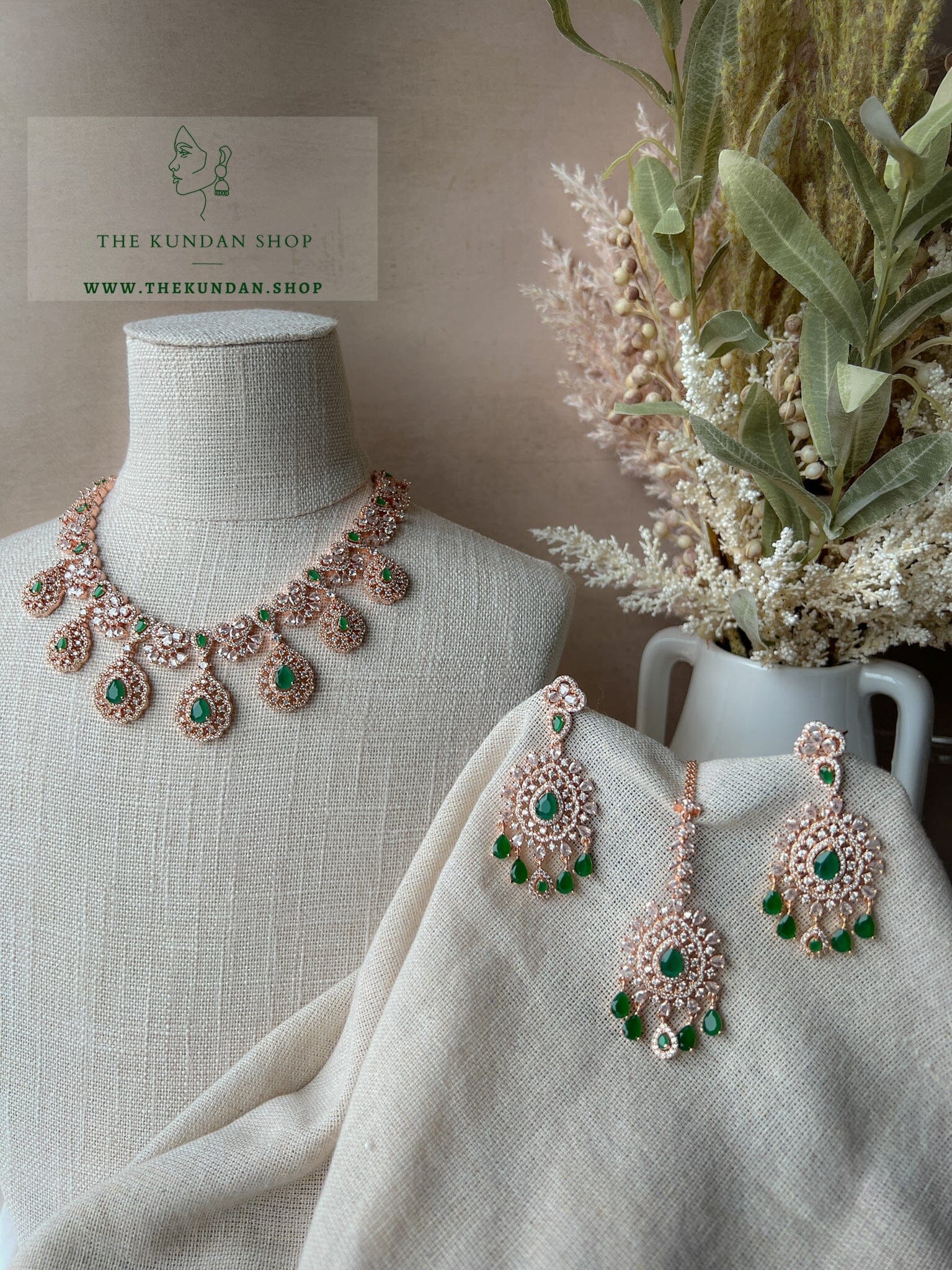 Resilient in Rose Gold & Emerald Green Necklace Sets THE KUNDAN SHOP 