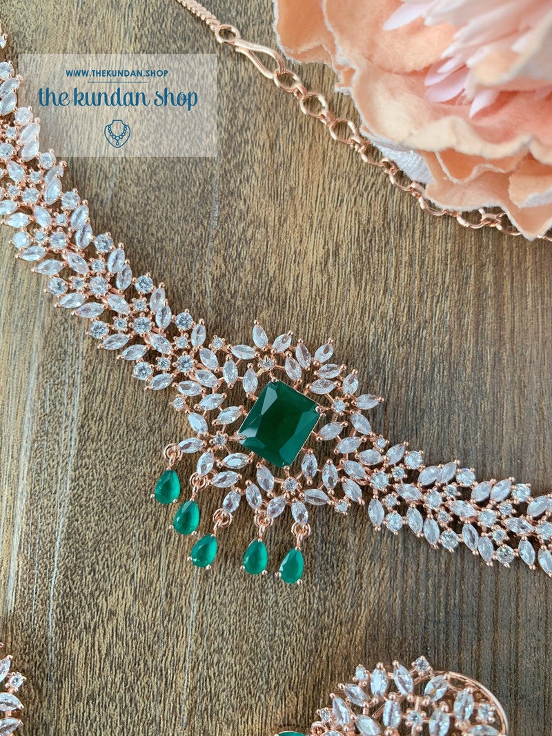 Captivate in Rose Gold Emerald Necklace Sets THE KUNDAN SHOP 