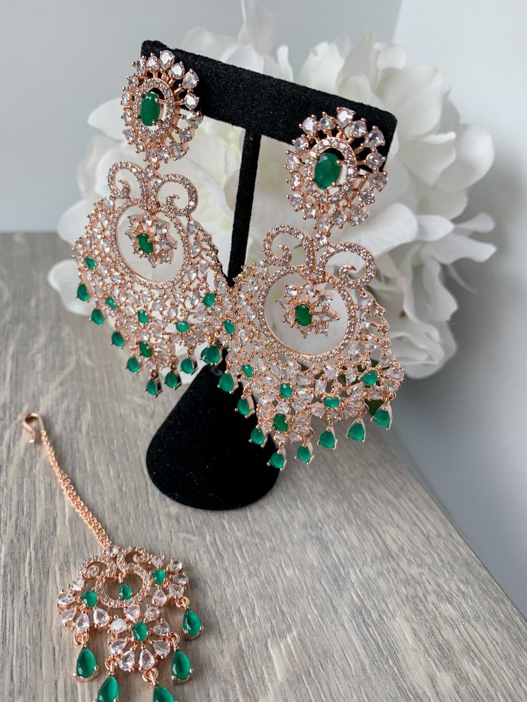 Charm in Rose Gold & Emerald Earrings + Tikka THE KUNDAN SHOP 