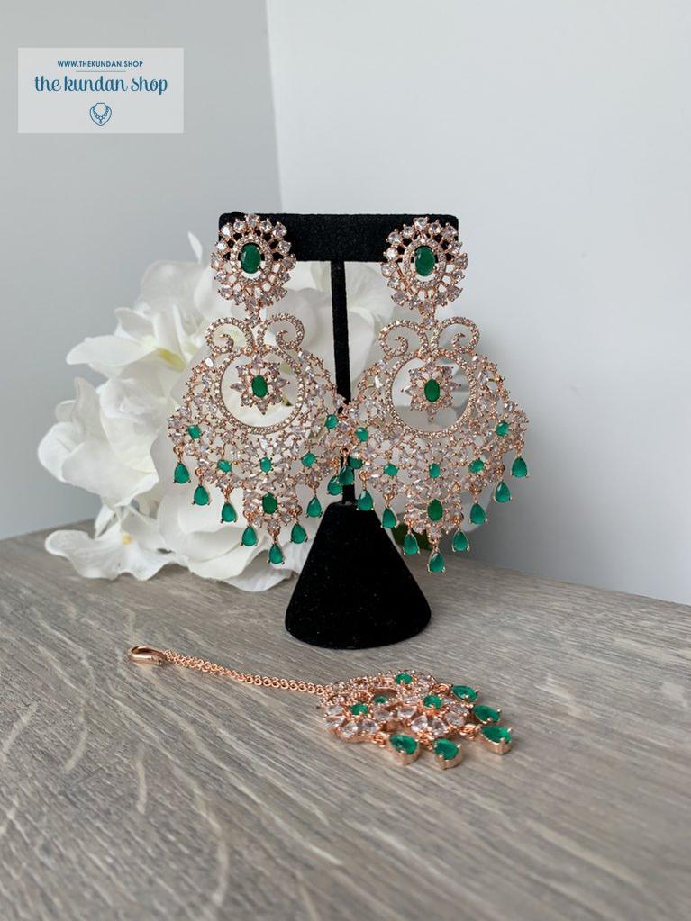Charm in Rose Gold & Emerald Earrings + Tikka THE KUNDAN SHOP 