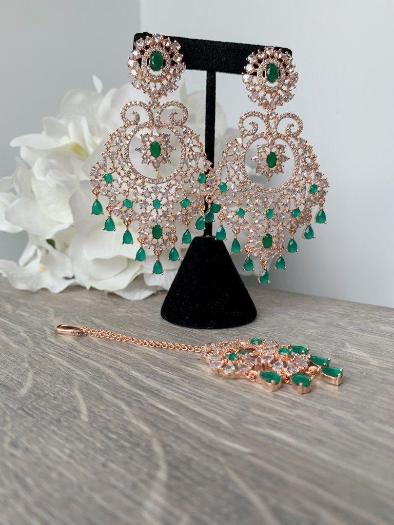 Charm in Rose Gold & Emerald Earrings + Tikka THE KUNDAN SHOP 