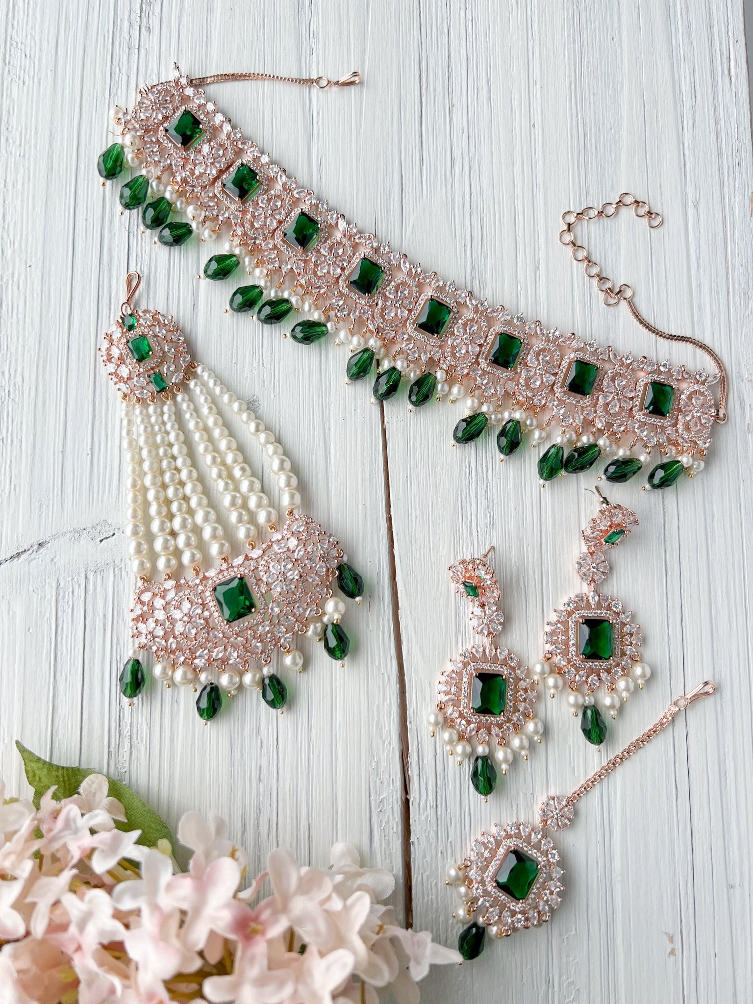 Exquisite in Rose Gold & Emerald Necklace Sets THE KUNDAN SHOP 