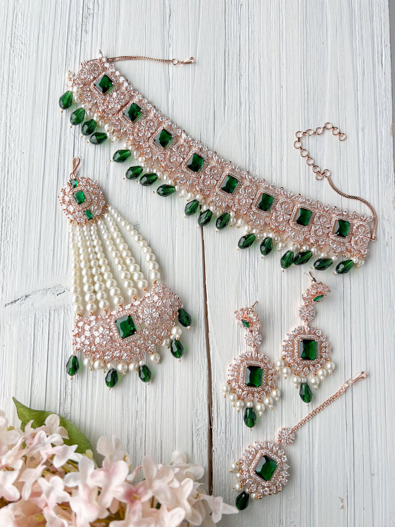 Exquisite in Rose Gold & Emerald Necklace Sets THE KUNDAN SHOP 