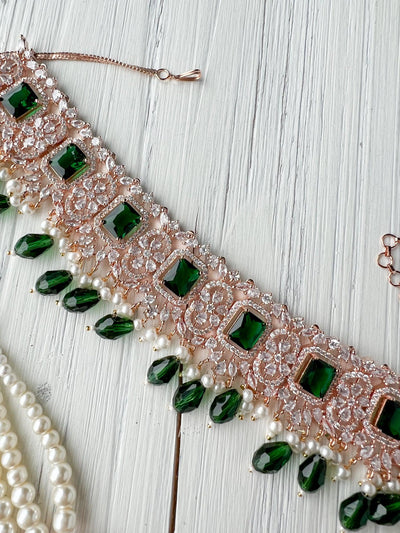 Exquisite in Rose Gold & Emerald Necklace Sets THE KUNDAN SHOP 