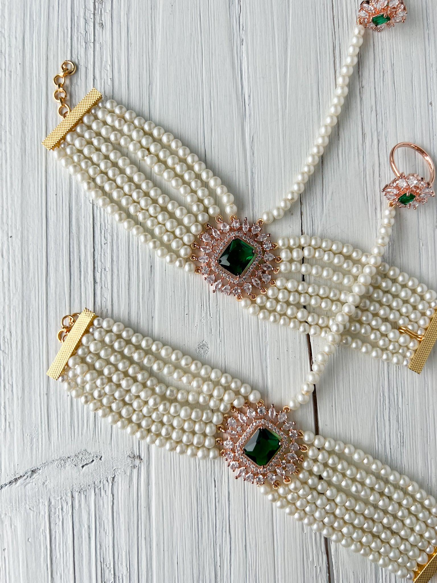 Exquisite Hand Piece in Rose Gold & Emerald Ring THE KUNDAN SHOP 