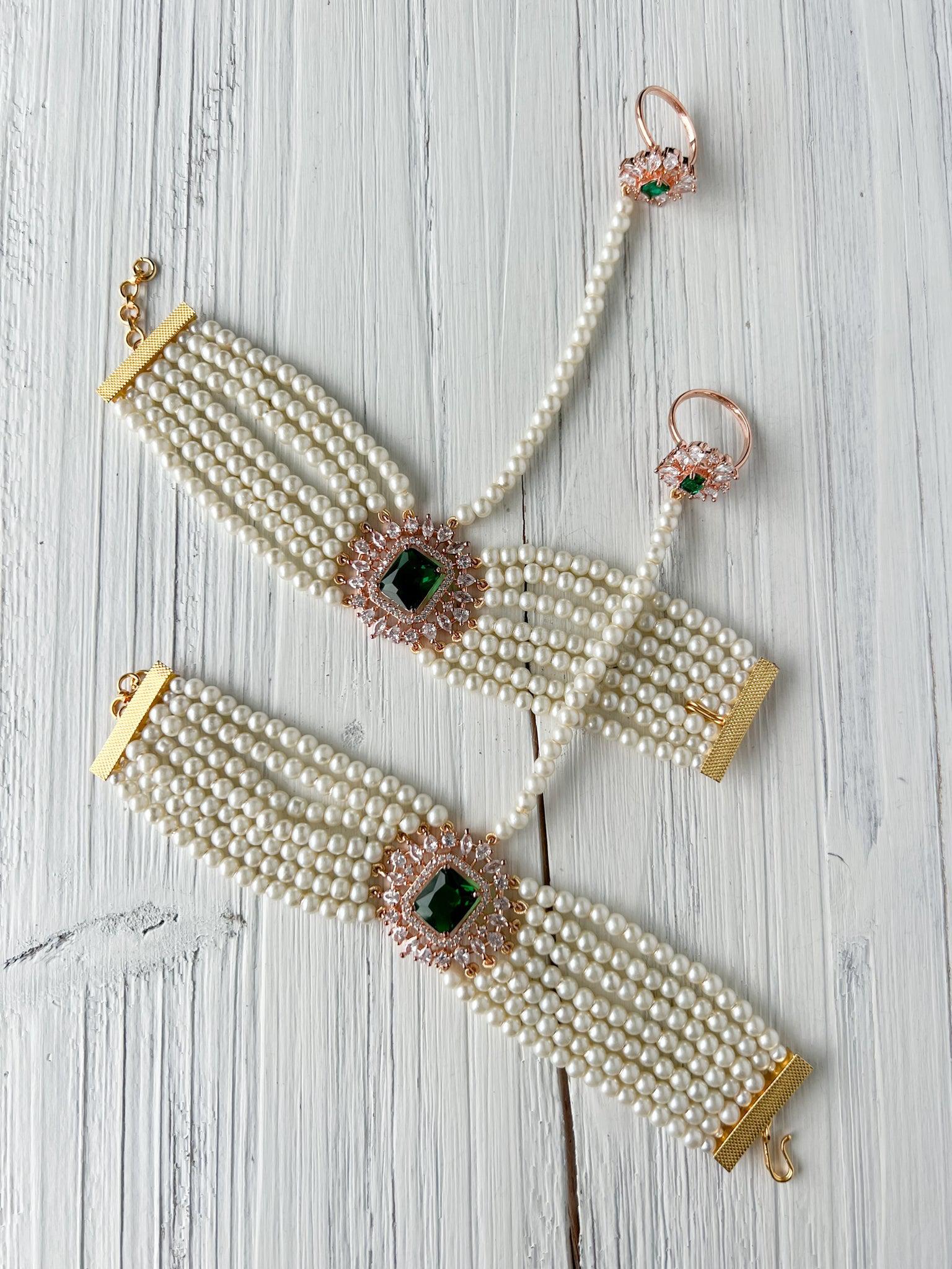 Exquisite Hand Piece in Rose Gold & Emerald Ring THE KUNDAN SHOP 