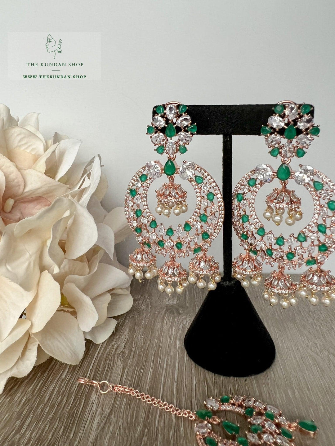 Humble in Rose Gold & Emerald Earrings + Tikka THE KUNDAN SHOP 
