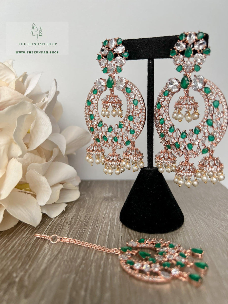 Humble in Rose Gold & Emerald Earrings + Tikka THE KUNDAN SHOP 