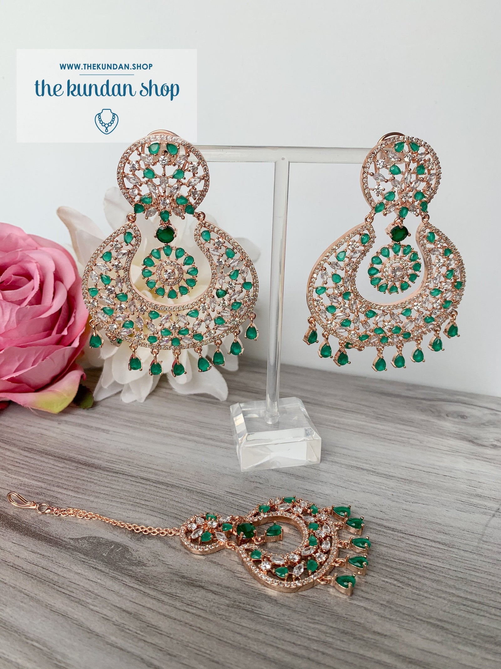 Brilliance in Rose Gold & Emerald Earrings + Tikka THE KUNDAN SHOP 