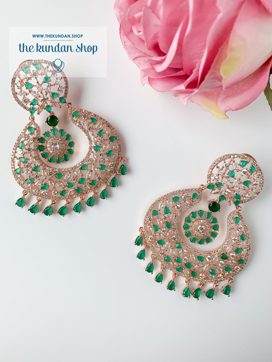 Brilliance in Rose Gold & Emerald Earrings + Tikka THE KUNDAN SHOP 