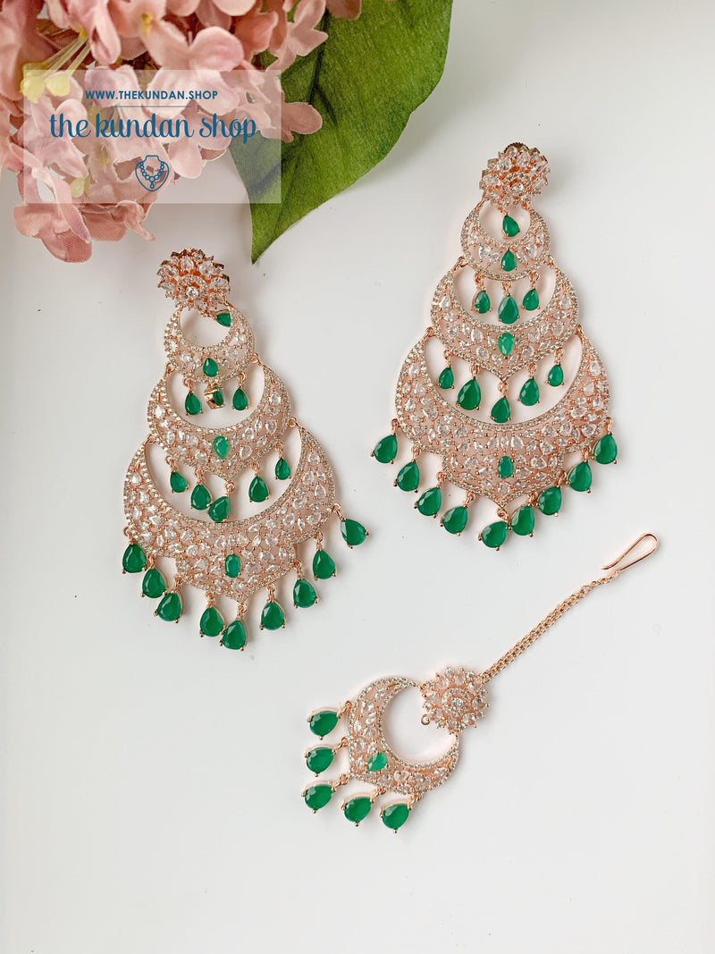 Dreaming in Rose Gold & Emerald Earrings + Tikka THE KUNDAN SHOP 