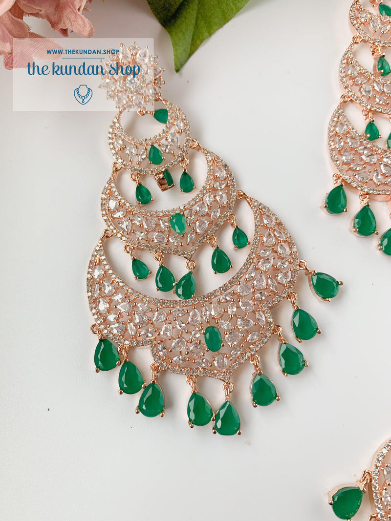 Dreaming in Rose Gold & Emerald Earrings + Tikka THE KUNDAN SHOP 