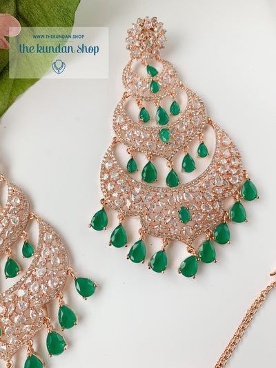 Dreaming in Rose Gold & Emerald Earrings + Tikka THE KUNDAN SHOP 