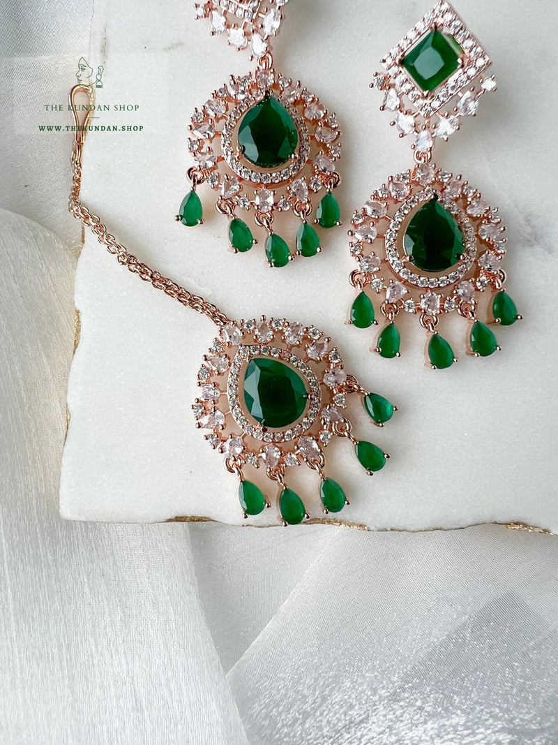 Wander in Rose Gold and Emerald Earrings + Tikka THE KUNDAN SHOP 