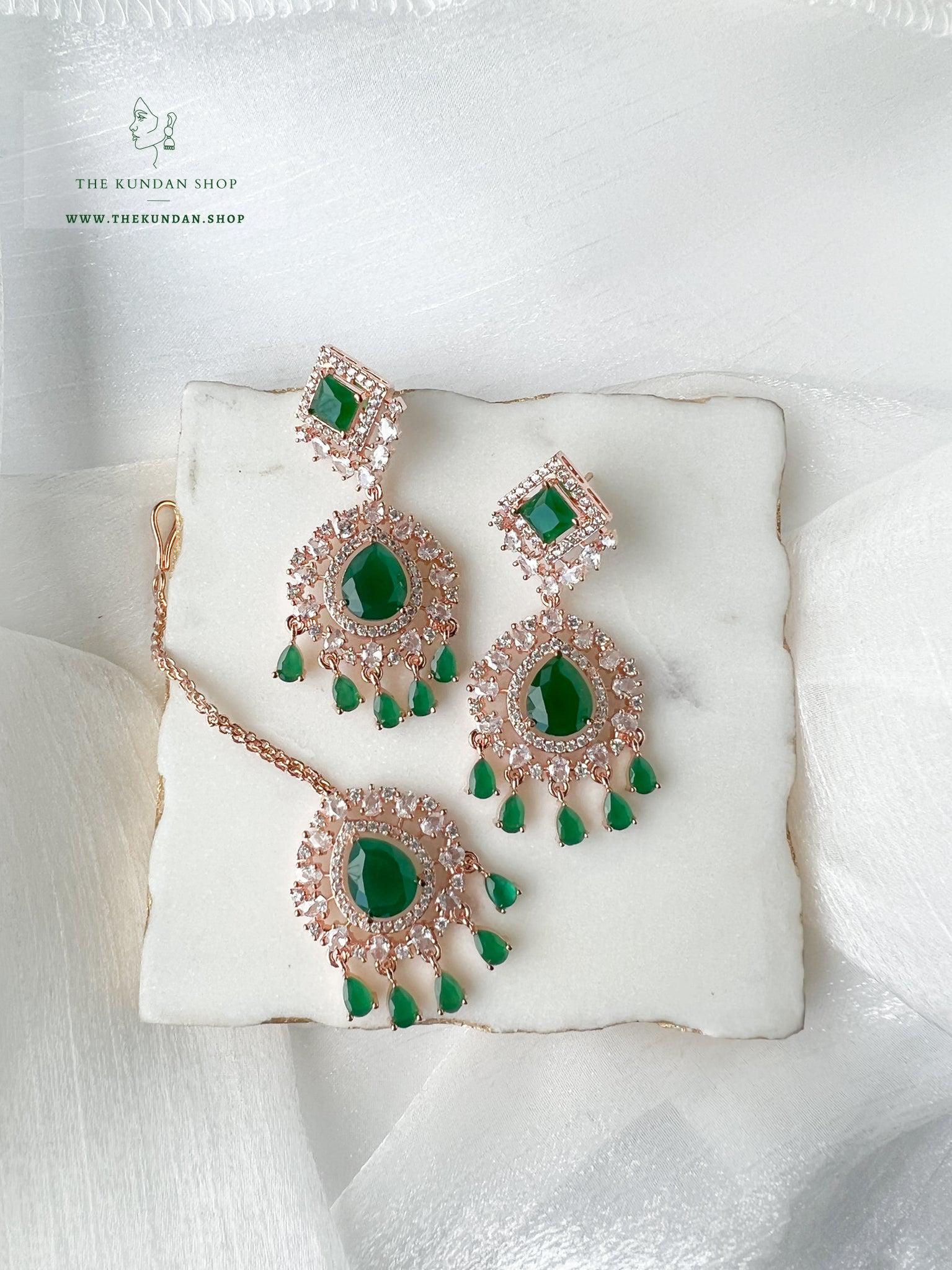Wander in Rose Gold and Emerald Earrings + Tikka THE KUNDAN SHOP 