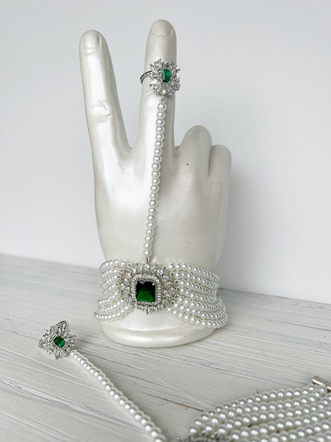Exquisite Hand Piece in Silver & Emerald Ring THE KUNDAN SHOP 