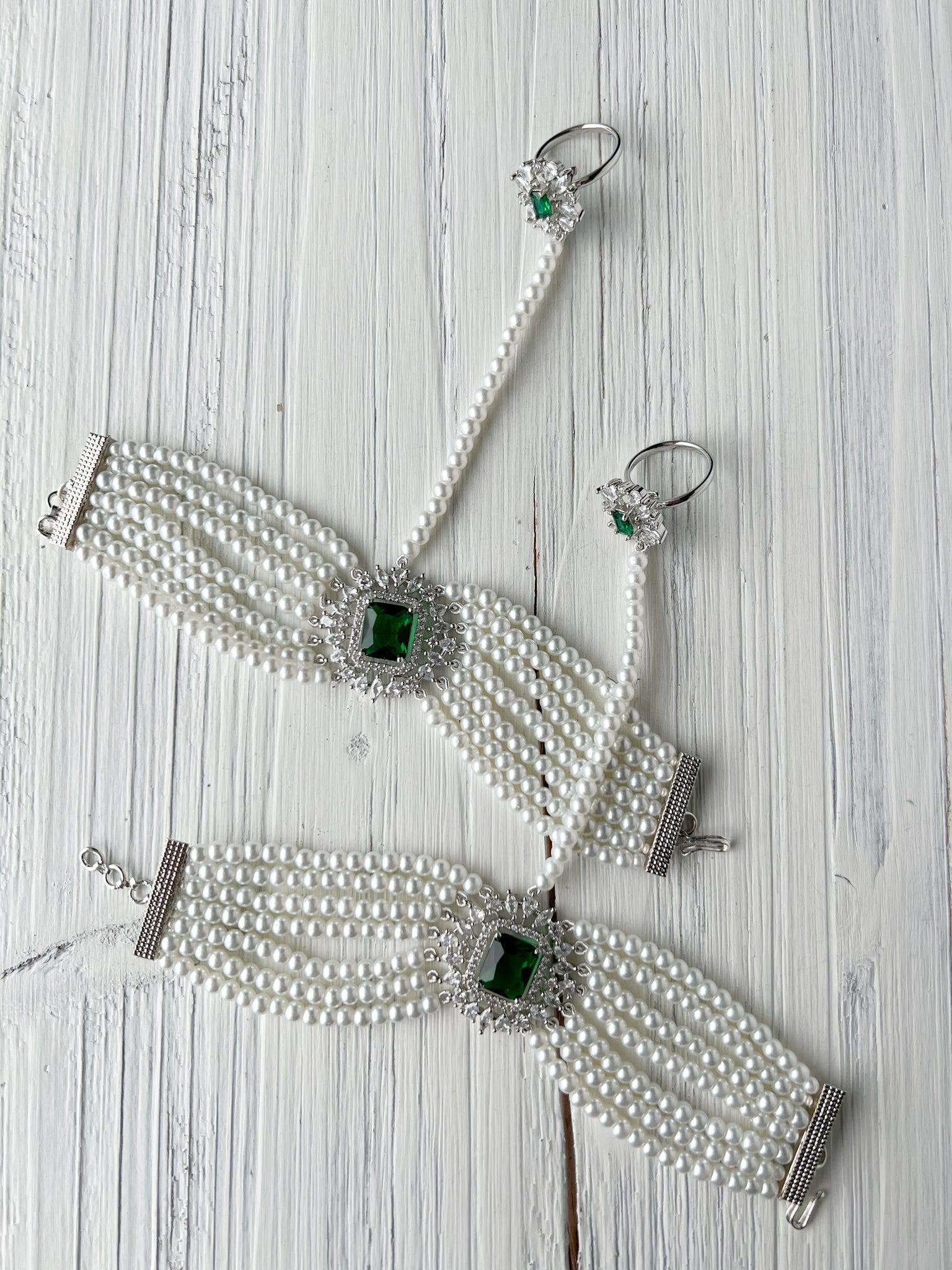 Exquisite Hand Piece in Silver & Emerald Ring THE KUNDAN SHOP 