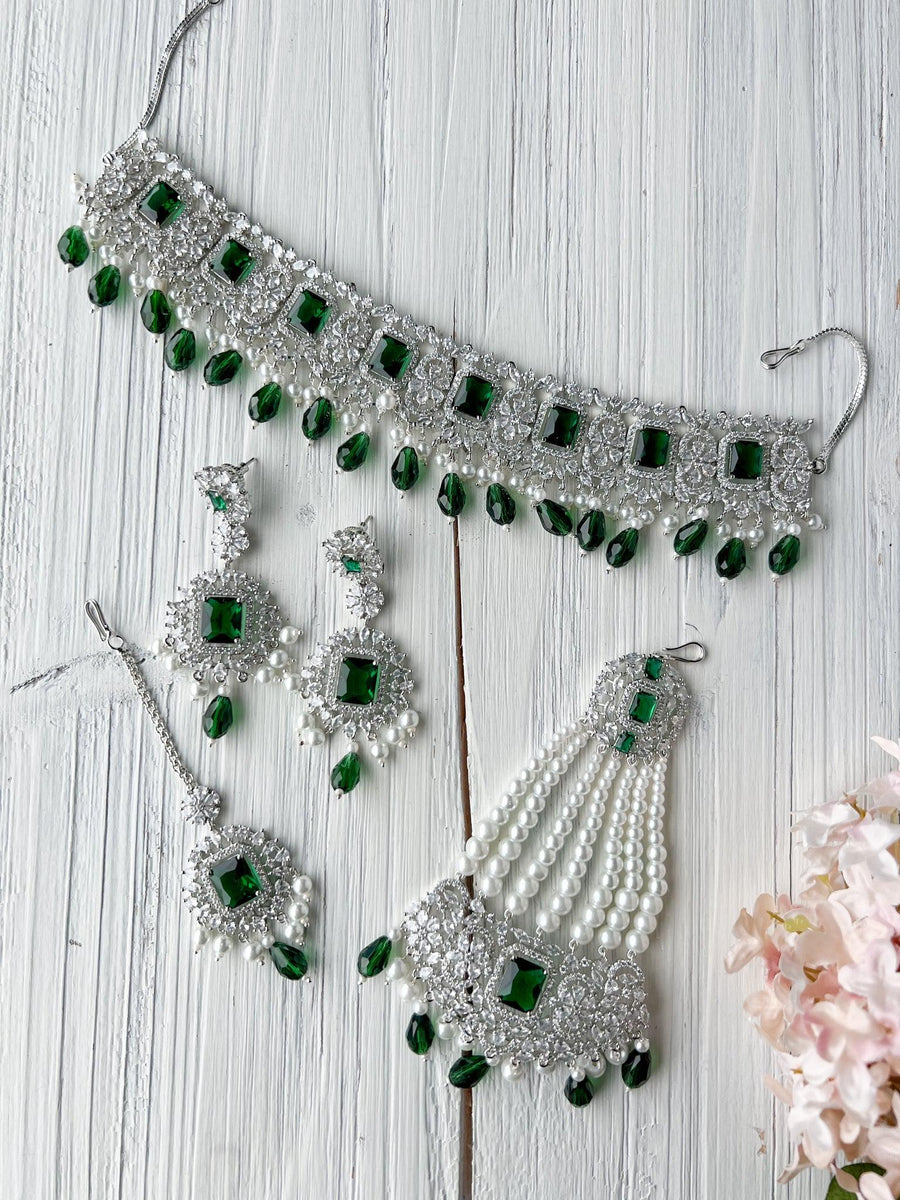 Exquisite in Silver & Emerald Necklace Sets THE KUNDAN SHOP 