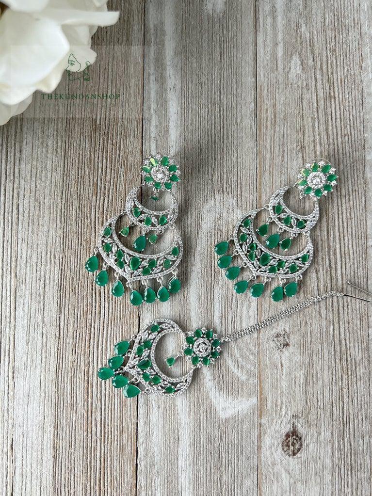 A Princess in Emerald Earrings + Tikka THE KUNDAN SHOP 