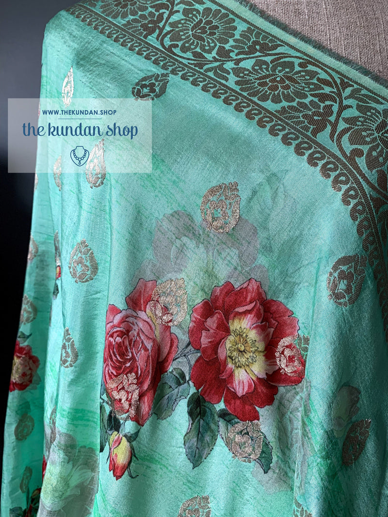 Banarsi Floral - Green, Dupatta - THE KUNDAN SHOP
