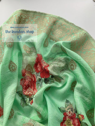 Banarsi Floral - Green, Dupatta - THE KUNDAN SHOP