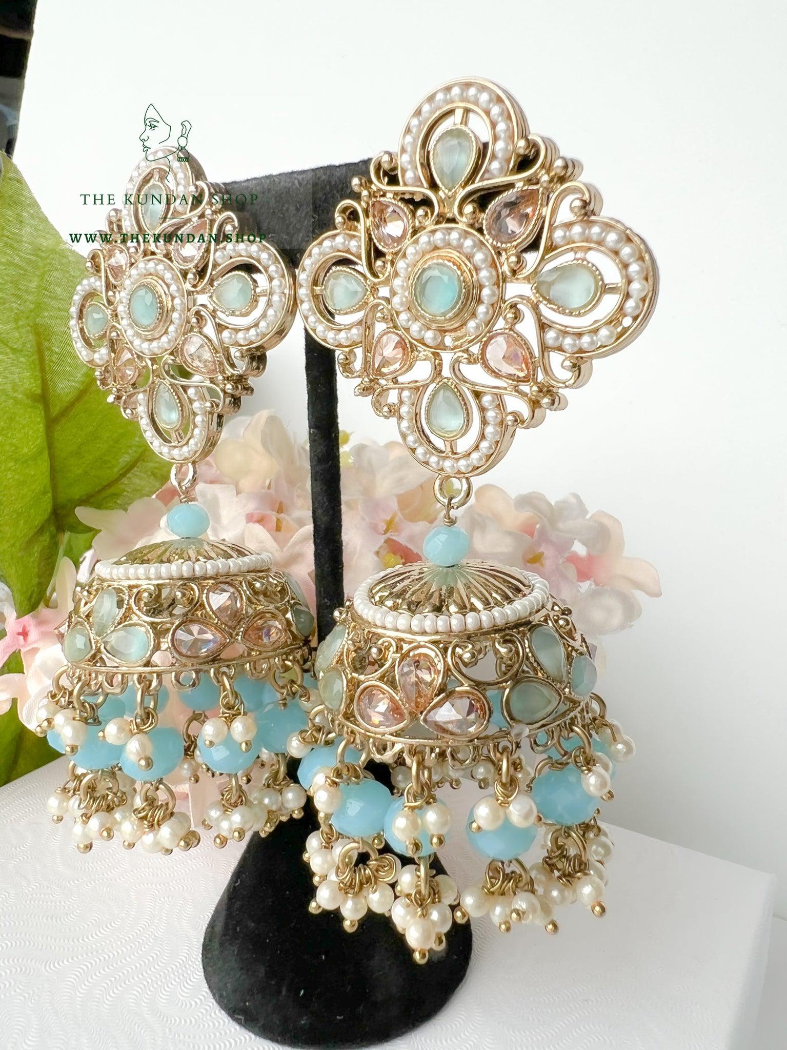 Artful in Feroza Blue Earrings + Tikka THE KUNDAN SHOP 