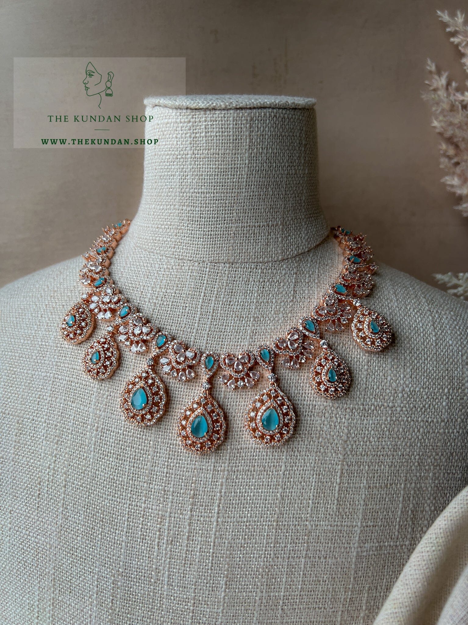 Resilient in Rose Gold & Feroza Blue Necklace Sets THE KUNDAN SHOP 