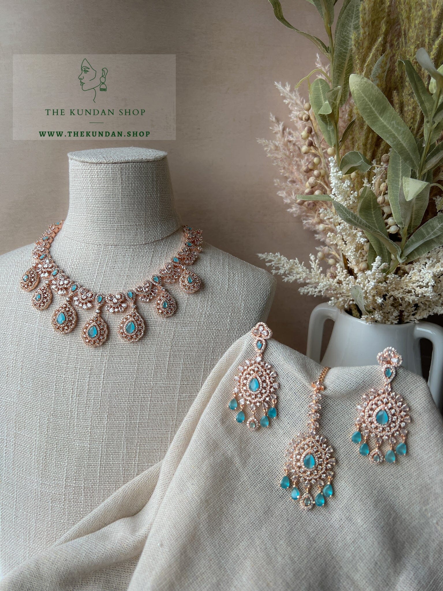 Resilient in Rose Gold & Feroza Blue Necklace Sets THE KUNDAN SHOP 