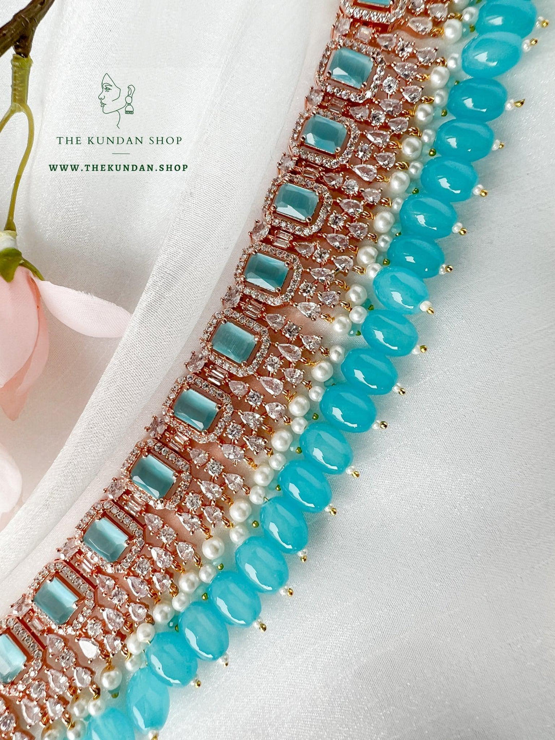 Wholesome in Rose Gold & Feroza Blue Necklace Sets THE KUNDAN SHOP 
