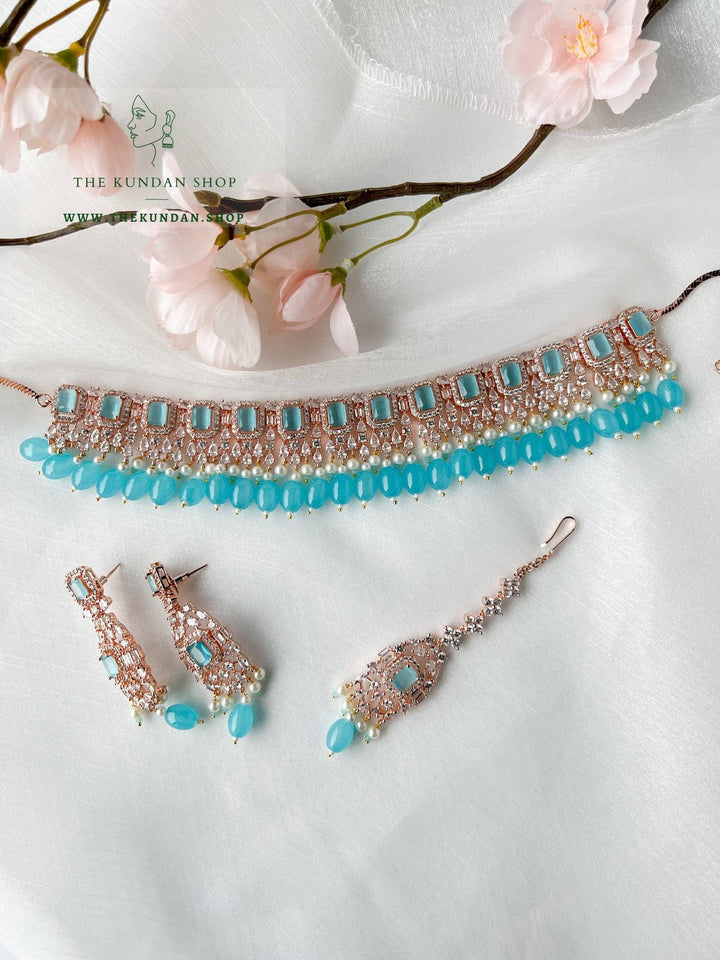 Wholesome in Rose Gold & Feroza Blue Necklace Sets THE KUNDAN SHOP 