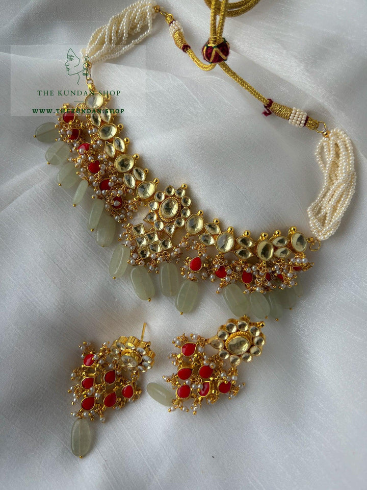 Floral Kundan in Coral & Mint Necklace Sets THE KUNDAN SHOP 