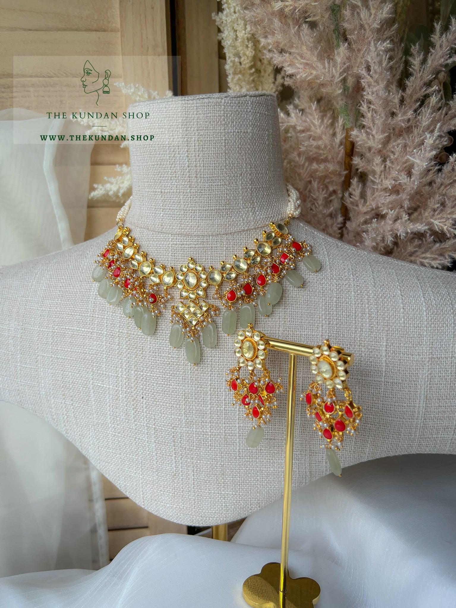 Floral Kundan in Coral & Mint Necklace Sets THE KUNDAN SHOP 