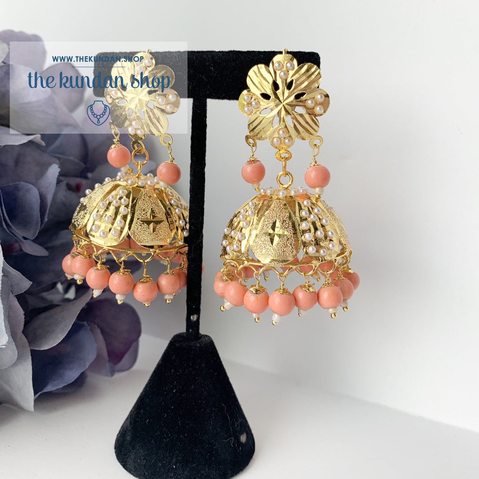 Floral Jadau Jumki -  Peach, Earrings + Tikka - THE KUNDAN SHOP