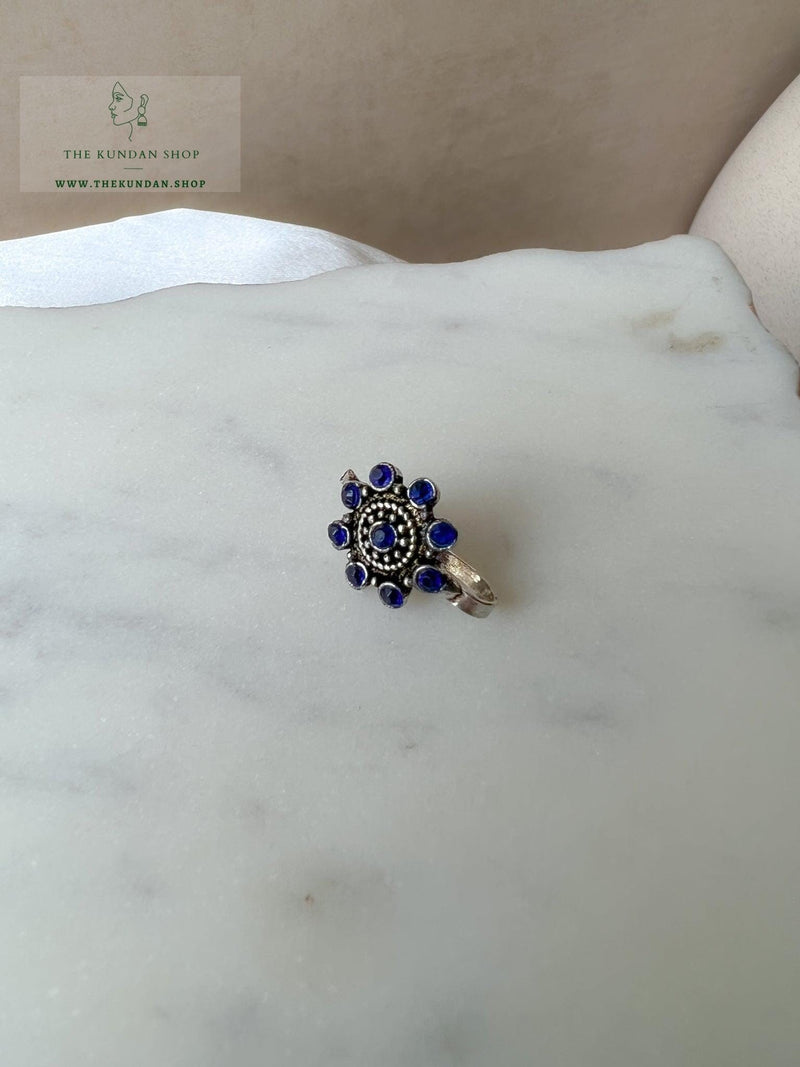 Oxidized Nose Pin - Floral Naath THE KUNDAN SHOP Blue 