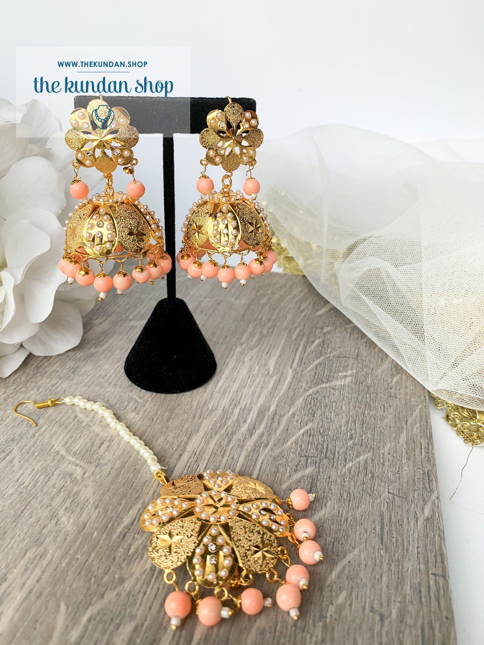 Floral Jadau Jumki -  Peach, Earrings + Tikka - THE KUNDAN SHOP